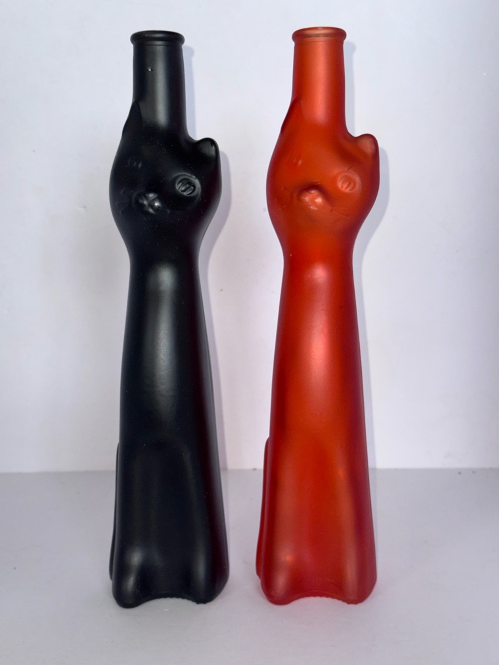 2 Matte Black & Red Cat Bottle Vases
